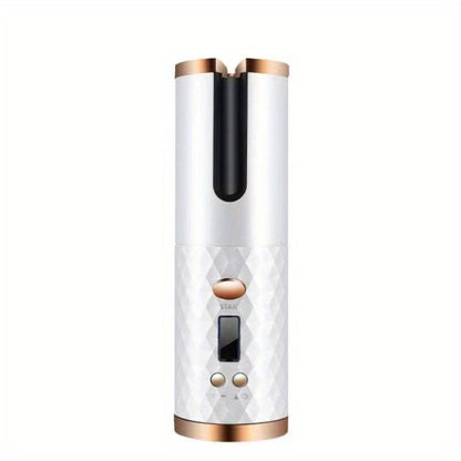 Beckett portable hair curler with a sleek design, ready for quick styling on the go, shown with the curling barrel and handle.