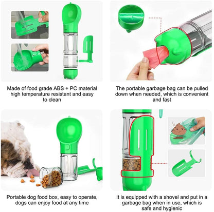 Beckett dog bottle with attached water dispenser and nozzle, portable pet hydration accessory for outdoor use