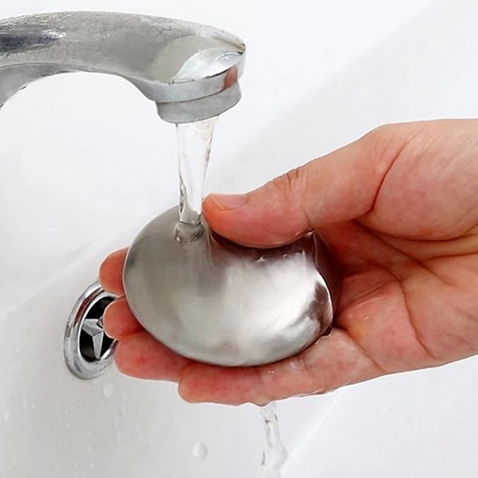 Beckett odour removing steel soap bar with a shiny metallic finish, designed for odor elimination and stainless steel cleaning.