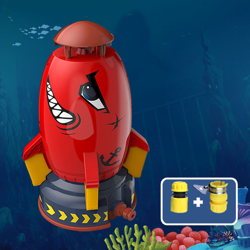 Beckett Rocket Sprinkler with adjustable nozzle and rotating arms for even lawn watering, shown outdoors in use.