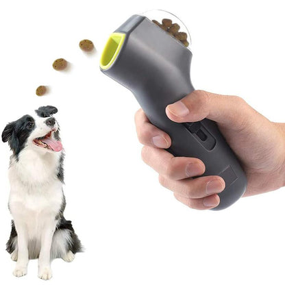 Beckett pet treat launcher with a handheld design and adjustable shooting distance for interactive pet play.