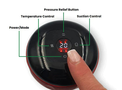 Beckett SmartCup with red finger grip, sleek design, and digital display for temperature control.