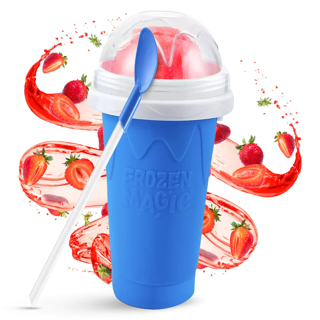Beckett Slush Cup with colorful lid and straw, transparent plastic container for chilled beverages or frozen treats.