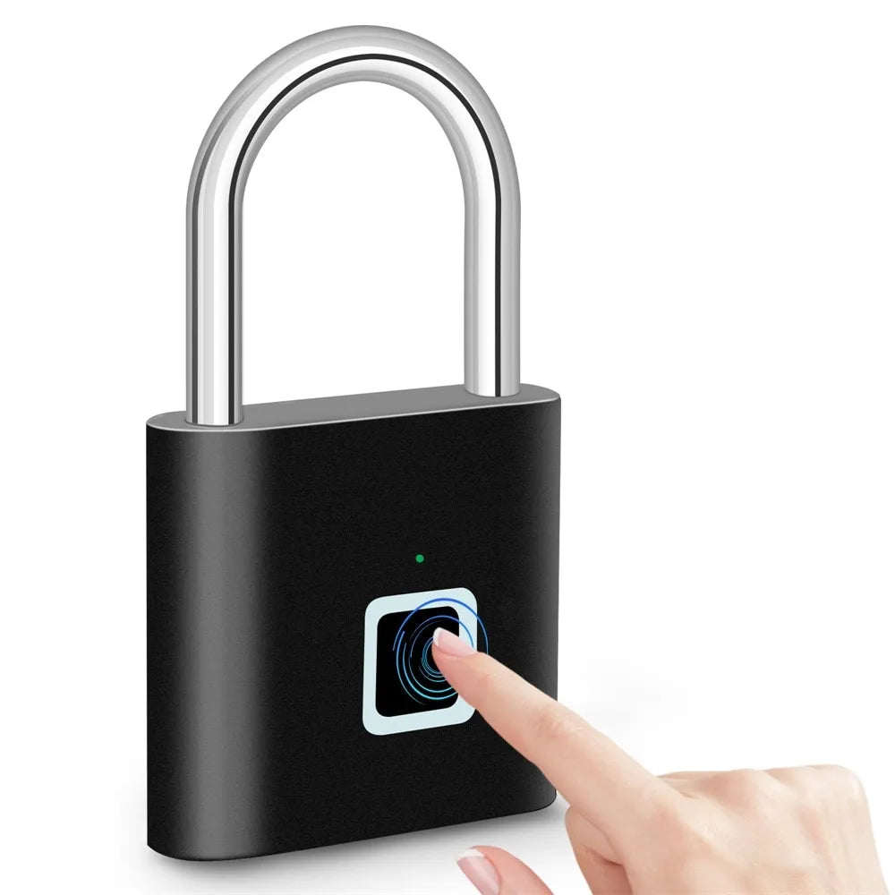 Beckett fingerprint smart padlock with waterproof design, USB charging, and quick 0.2-second unlock feature for secure access.