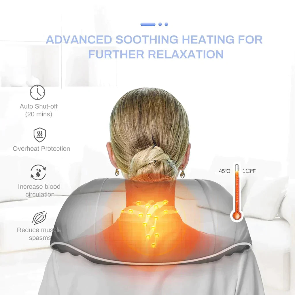 Beckett neck and shoulder massager with heating function, showing a person using the device on their upper back and shoulders.