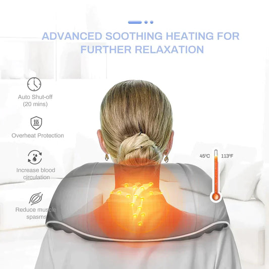 Beckett neck and shoulder massager with heating function, showing a person using the device on their upper back and shoulders.