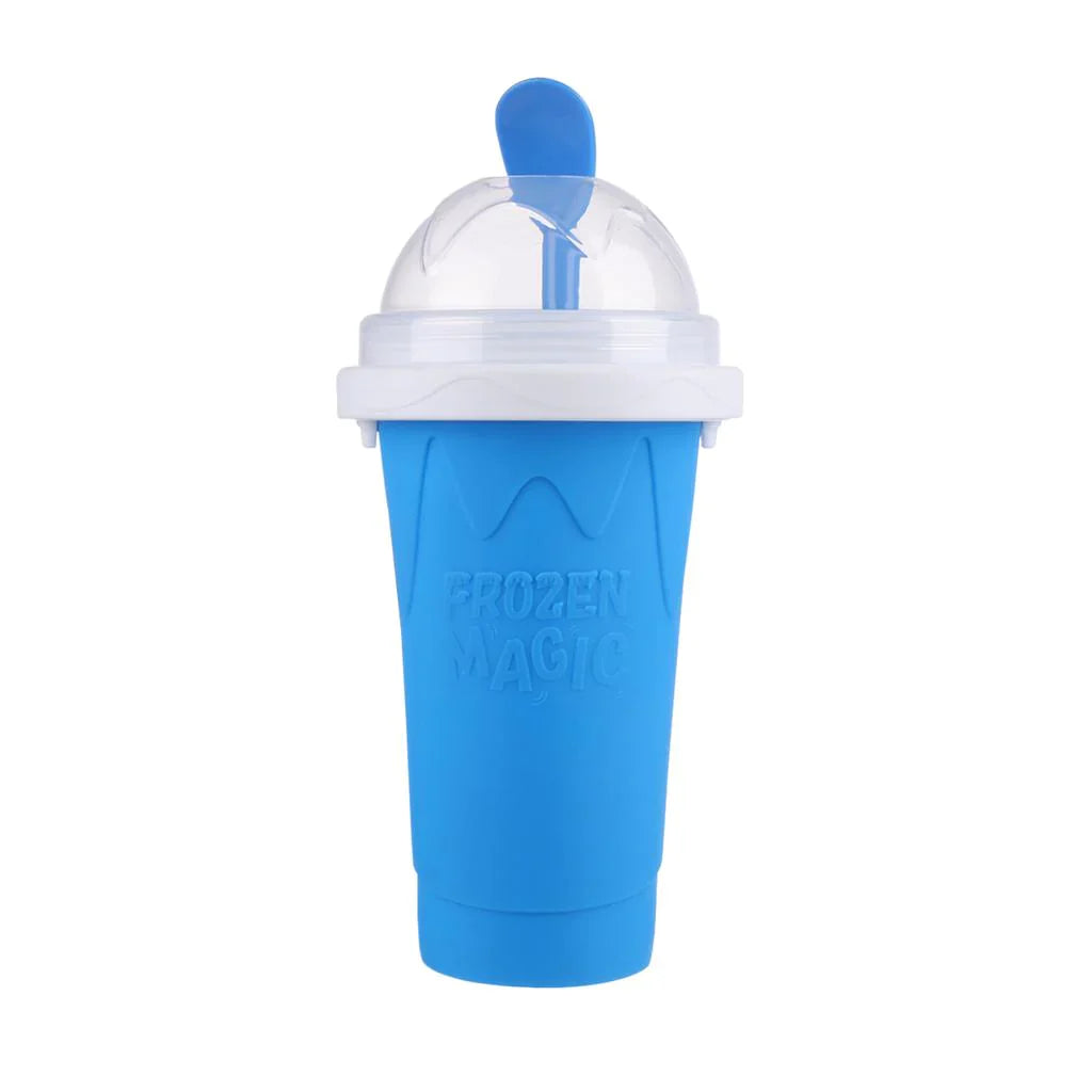 Blue Beckett Slush Cup with a clear lid, designed for frozen beverages and cold drinks, featuring a durable plastic construction.