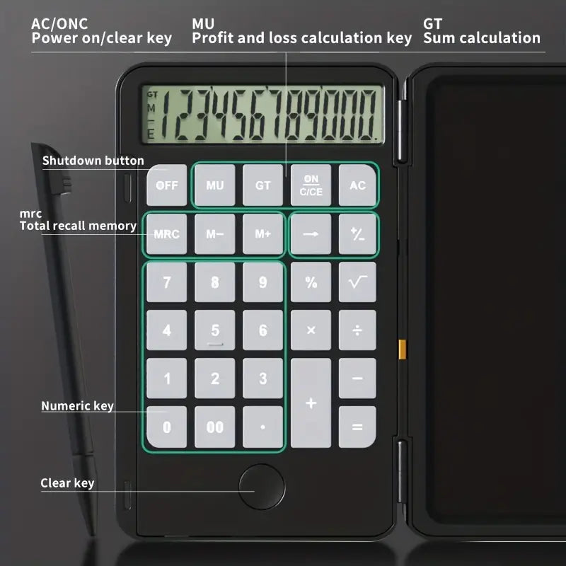 Beckett LCD calculator with black buttons and display, showing numeric calculations on a sleek, portable device.