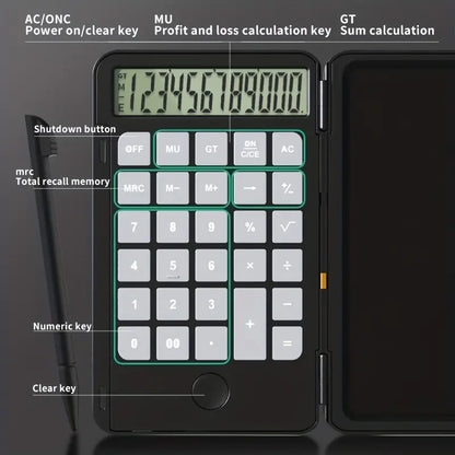 Beckett LCD calculator with black buttons and display, showing numeric calculations on a sleek, portable device.