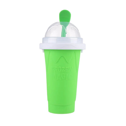 Beckett green slush cup with clear lid and straw, featuring a colorful frozen beverage inside, perfect for cold drinks.