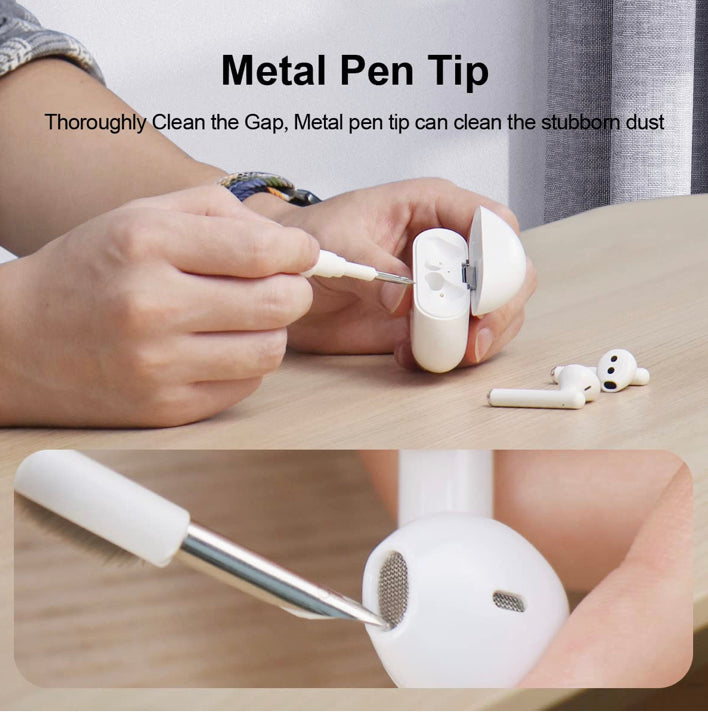 Beckett AirPods cleaning kit with tools and brushes for easy earbud and charging case cleaning, compact and professional.