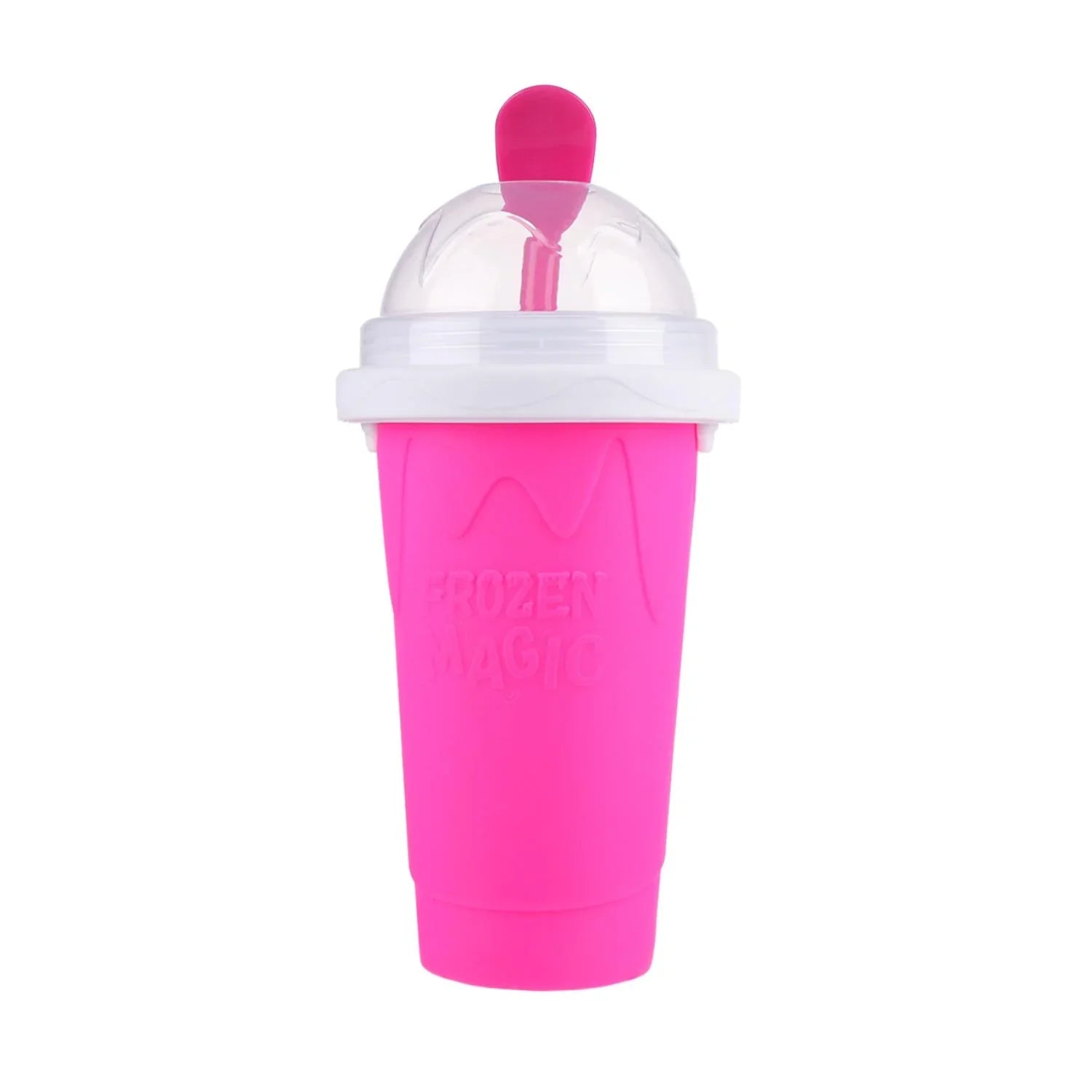 Pink Beckett Slush Cup with clear lid and straw, perfect for icy beverages and cold drinks.
