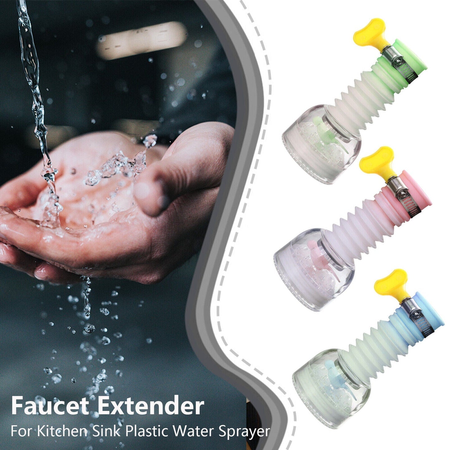Beckett 360-Rotation Kitchen Sink Faucet Extenders installed on a kitchen faucet, enhancing reach and flexibility for sink use.