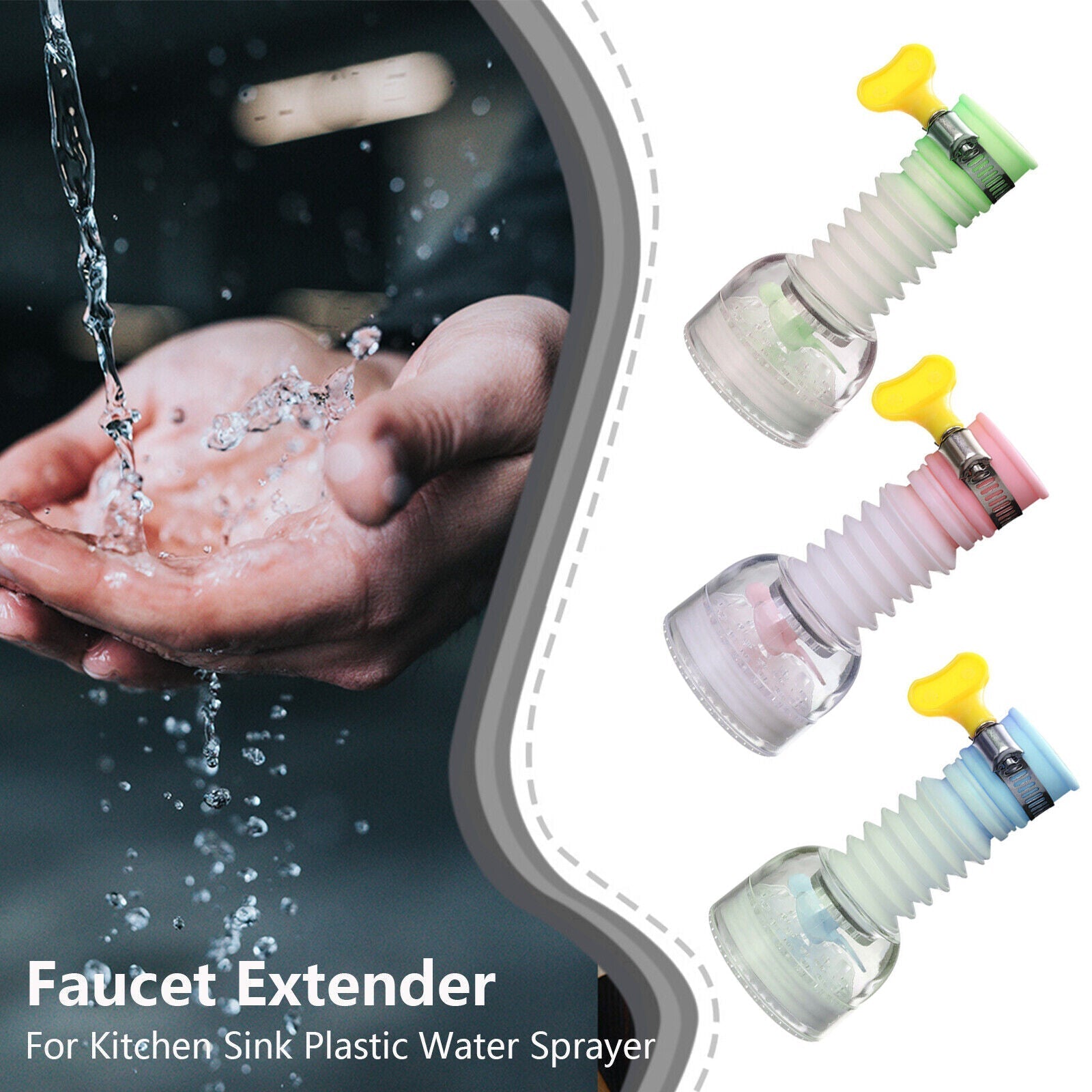 Beckett 360-Rotation Kitchen Sink Faucet Extenders installed on a kitchen faucet, enhancing reach and flexibility for sink use.
