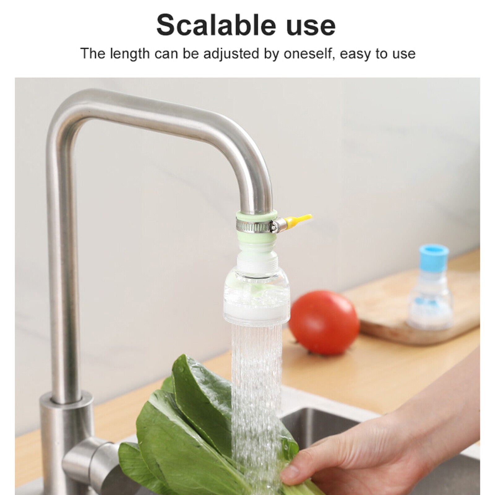 Beckett 360-Rotation Kitchen Sink Faucet Extenders attached to a modern kitchen faucet for increased reach and flexibility.