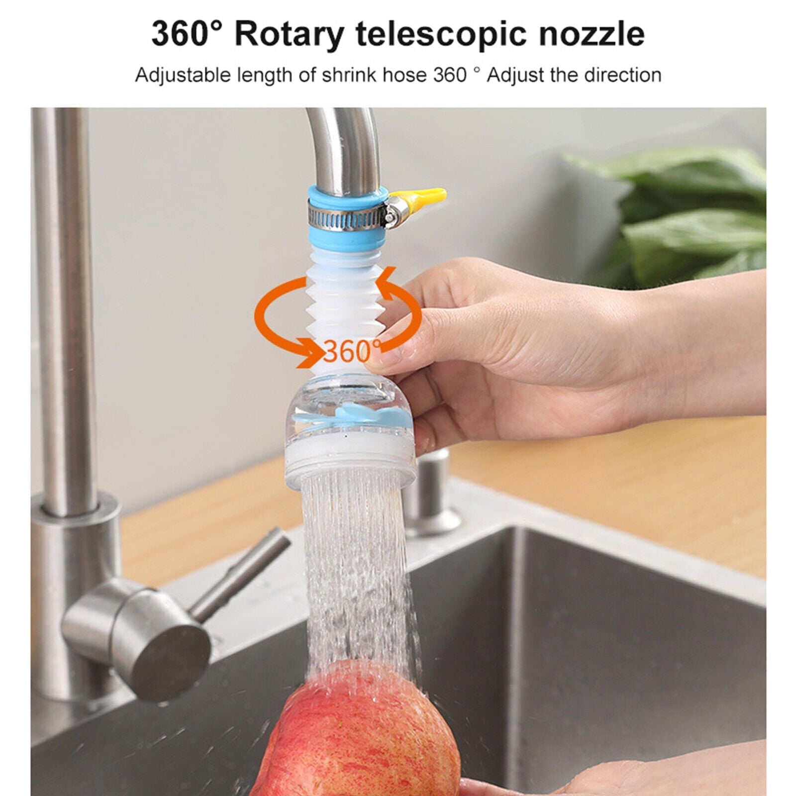 Beckett 360-rotation kitchen sink faucet extender showing flexible spout and mounting hardware for easy installation.