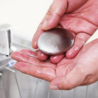 Beckett odour removing steel soap with a sleek stainless steel design for effective odor elimination from hands.